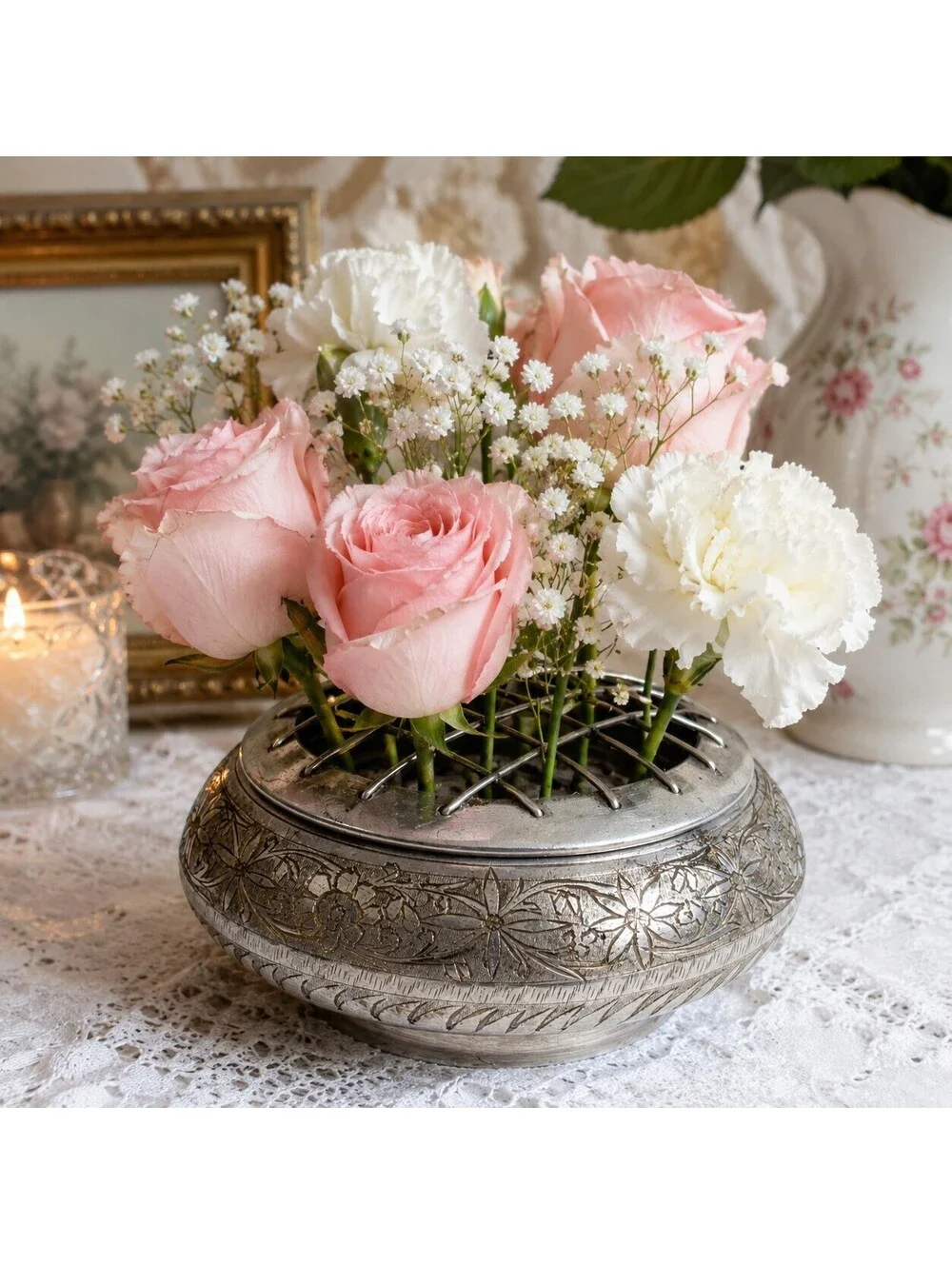 Vintage Aftab India Silverplate Flower Frog Bowl Engraved Floral Arranger